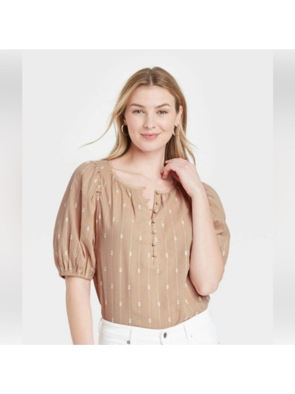 Universal Thread Puff elbow sleeve button Pullover Top Blouse